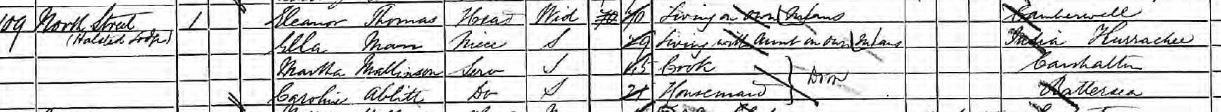 1891 Census: Eleanor Thomas (widow) and her niece Ella Man and two servants at 109 North Street, Carshalton, Surrey