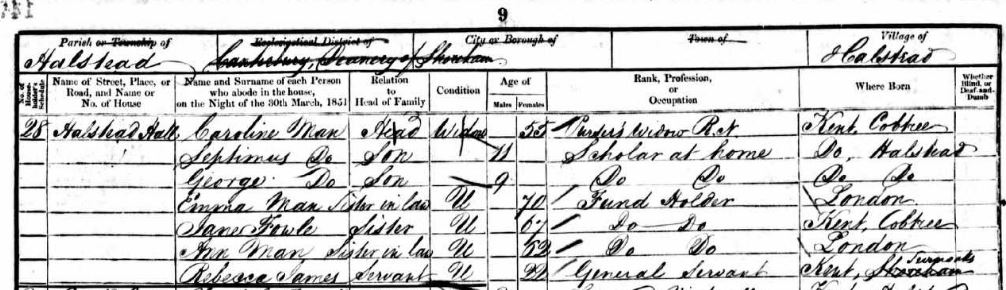 Louisa Caroline Fowle Man and Family on the 1851 census
