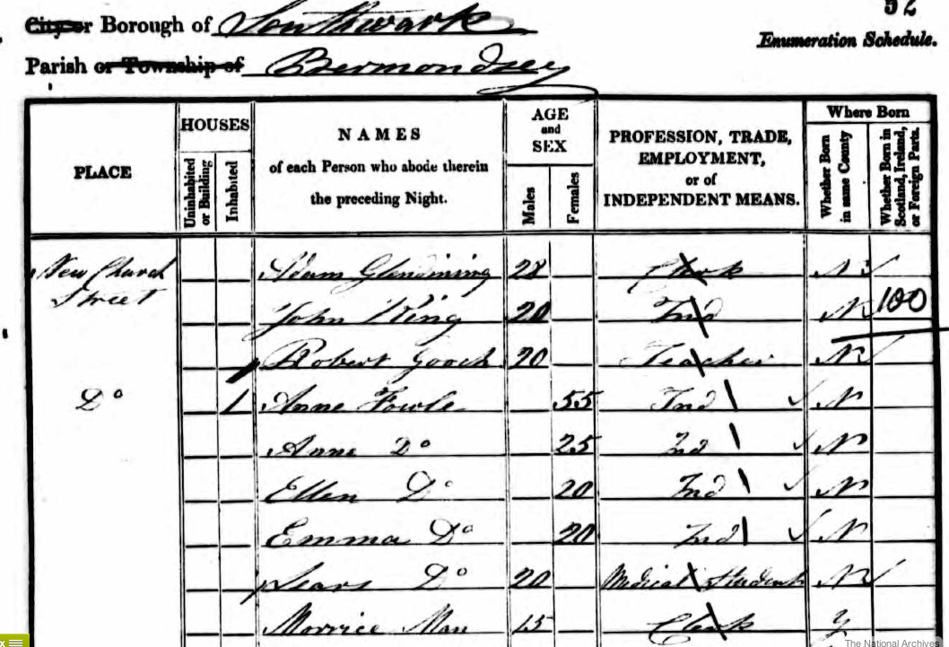 Morrice King Man on the 1841 Census