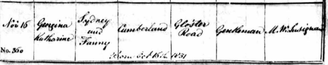 Baptism of Georgina Daughter of Sydney Cumberland Brompton Holy Trinity Nov 16 1831