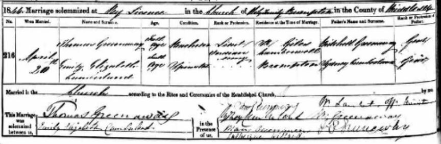 Emily Elizabeth Cumberlan Marriage to Thomas Greenaway 20 Apr 1844 - Brompton Holy Trinity