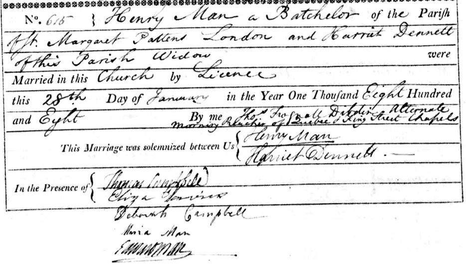 Henry Man's Marriage to Harriet Dennett 1808