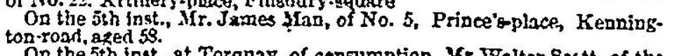 James Man death notice in the Times Mar 8 1849