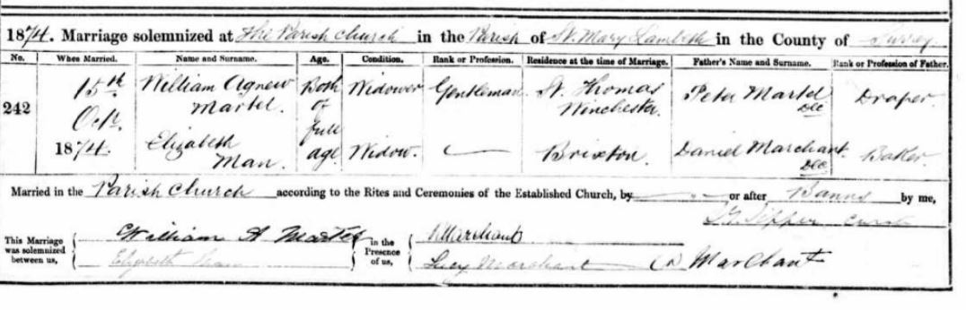 Marriage of William Martel and Elizabeth Marchant Man 1874