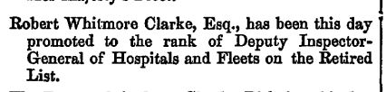 Robert Whitmore Clarke London Gazette 1867