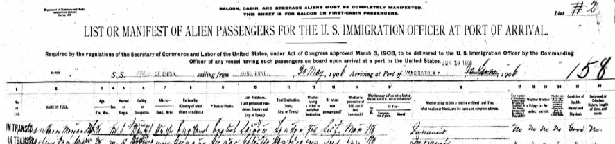Border Crossing Manifest 1906
