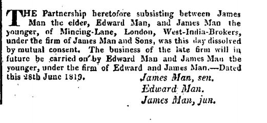 dissolution of James Man Partnership 1819