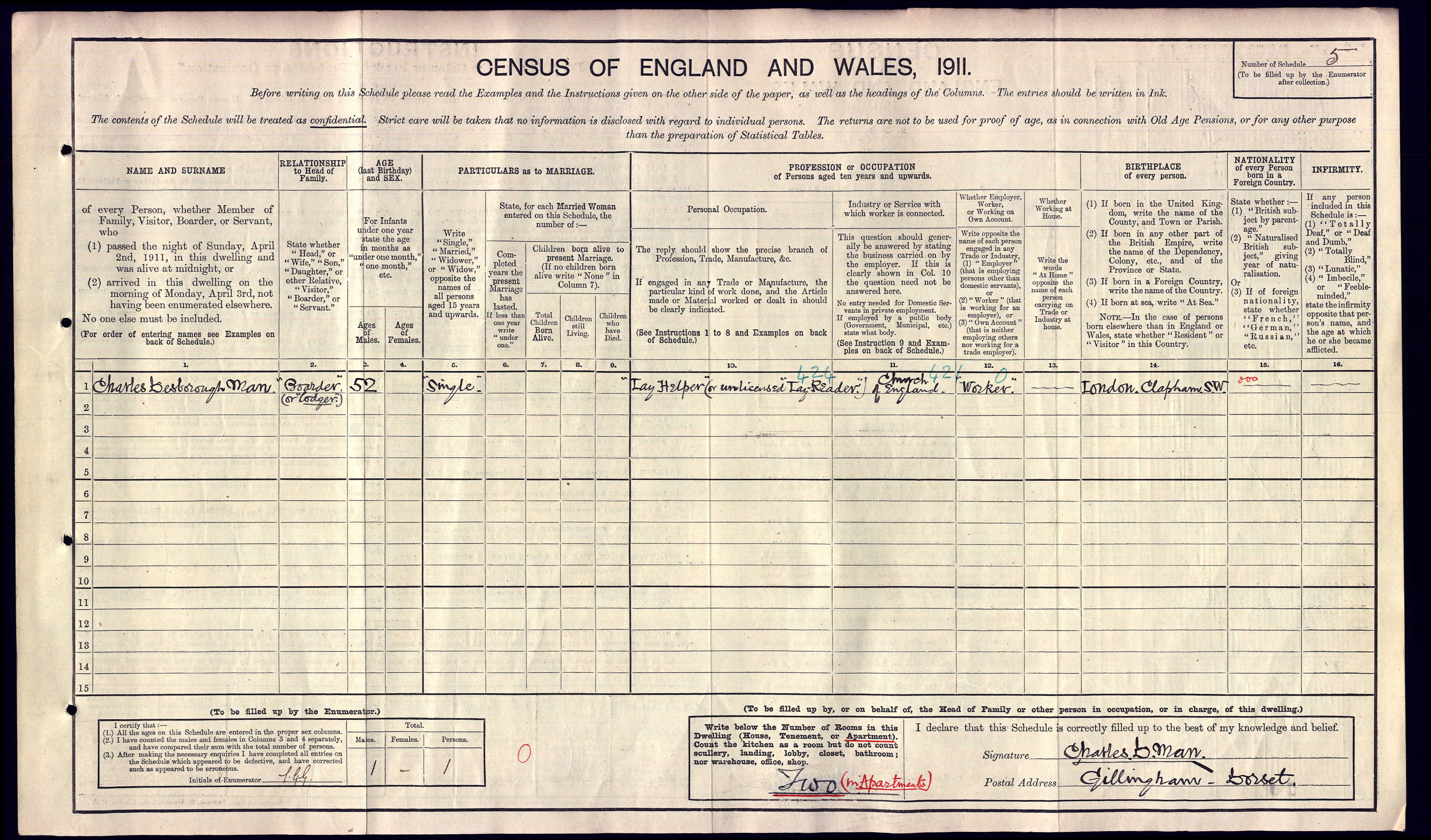Charles Desborough Man on 1911 Census
