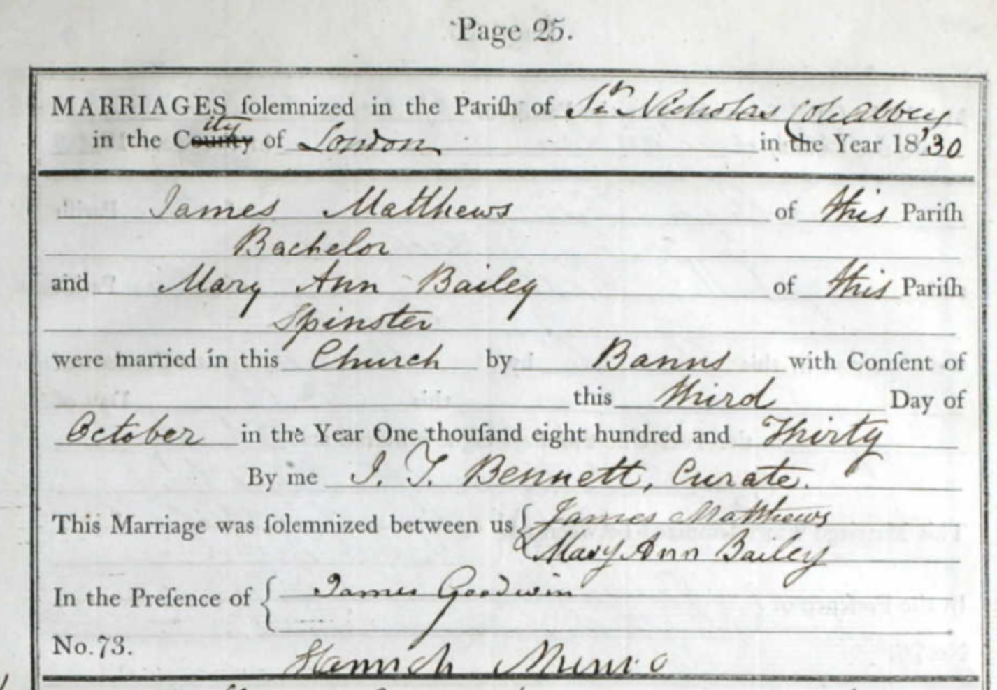 Marriage of James Matthews and Mary Ann Bailey
