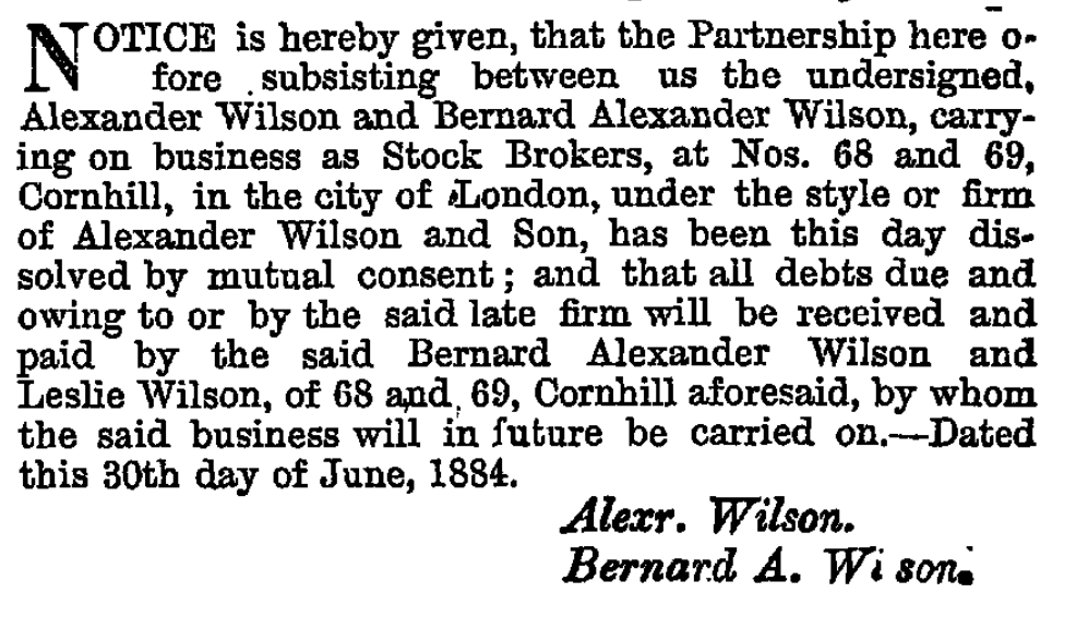 Wilson Partnership London Gazette 1884