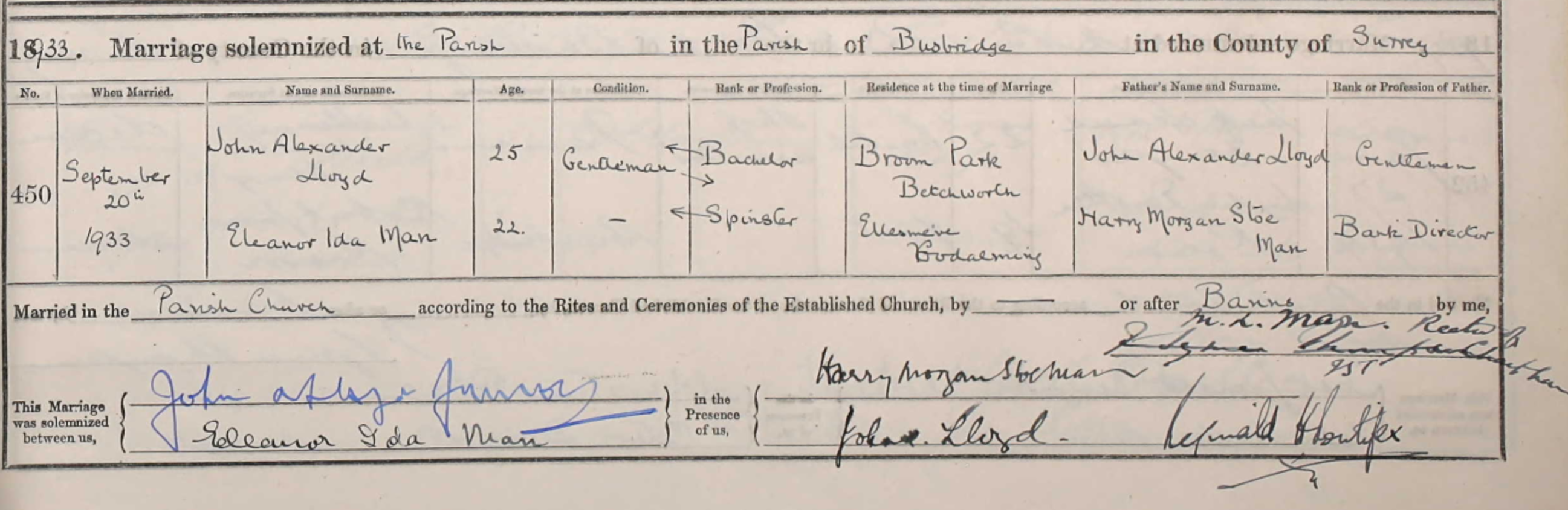 Eleanor Man and John Lloyd Marriage Record