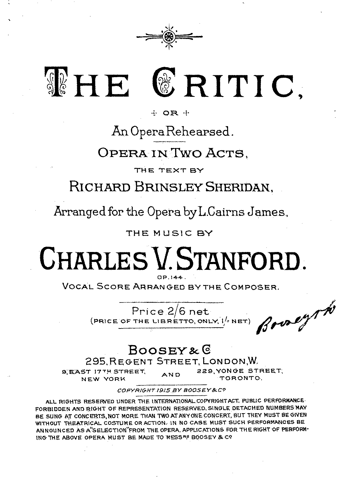 Title Page of Lewis Cairns James Libretto