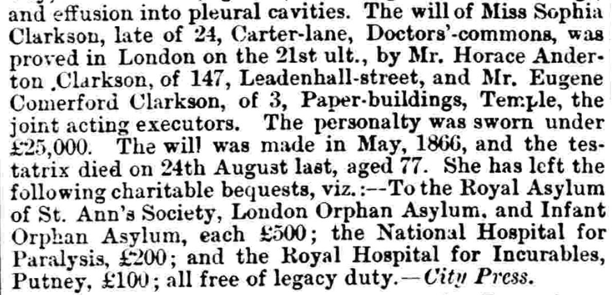 The Will of Sophia Clarkson Notice Jan 8 1870