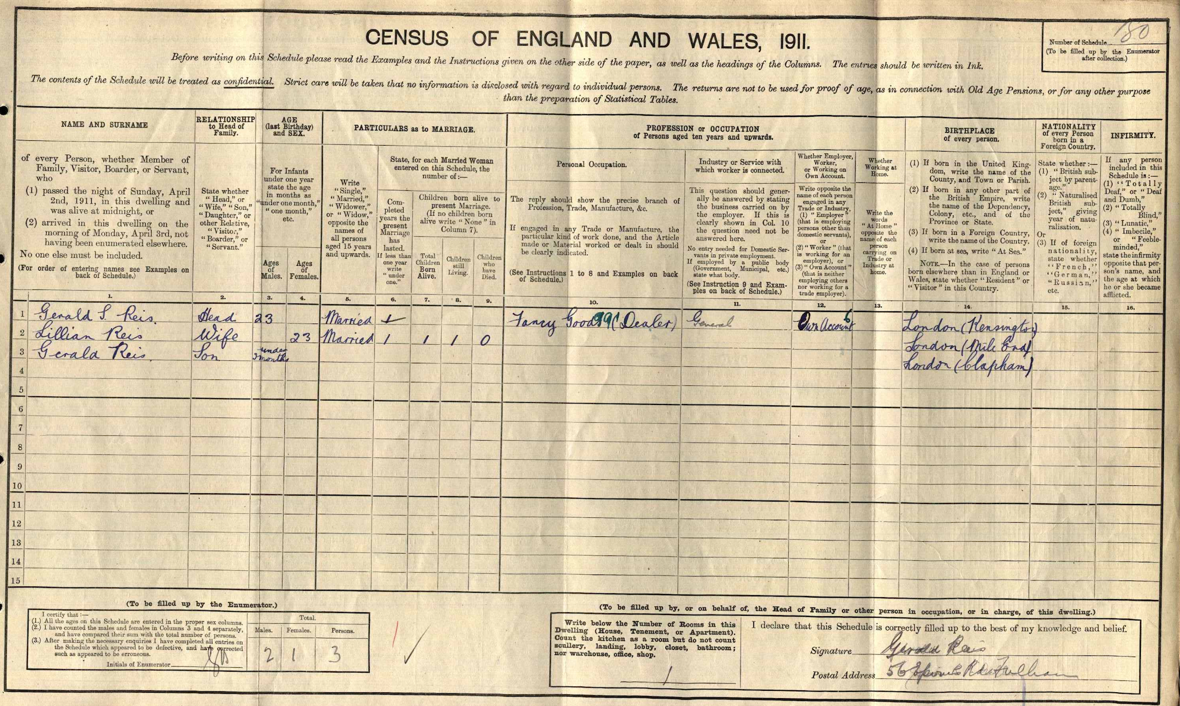 1911 Census Gerald Stuart Reis and family