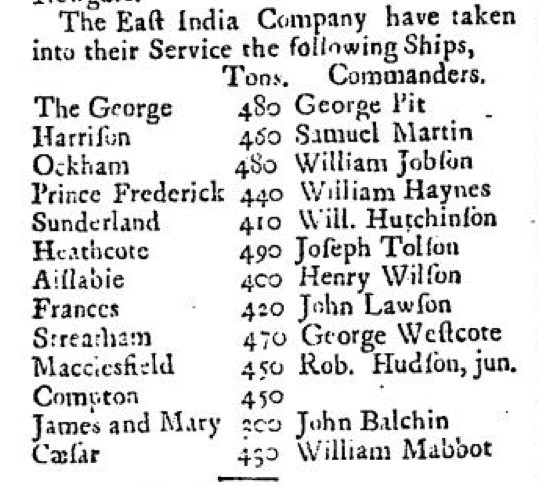 John Balchen listed Sept 1727
