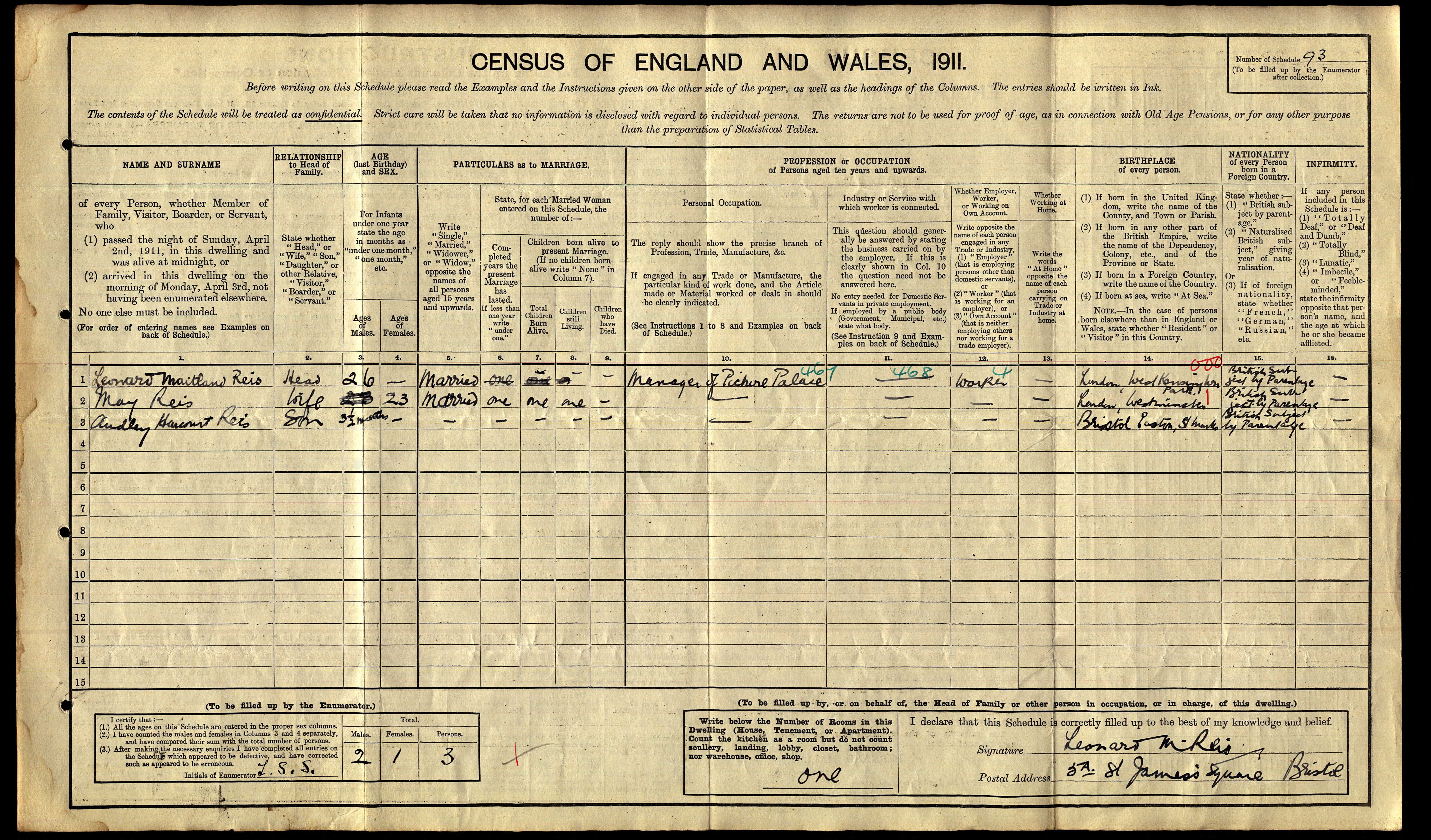Leonard Maitland Reis 1911 census