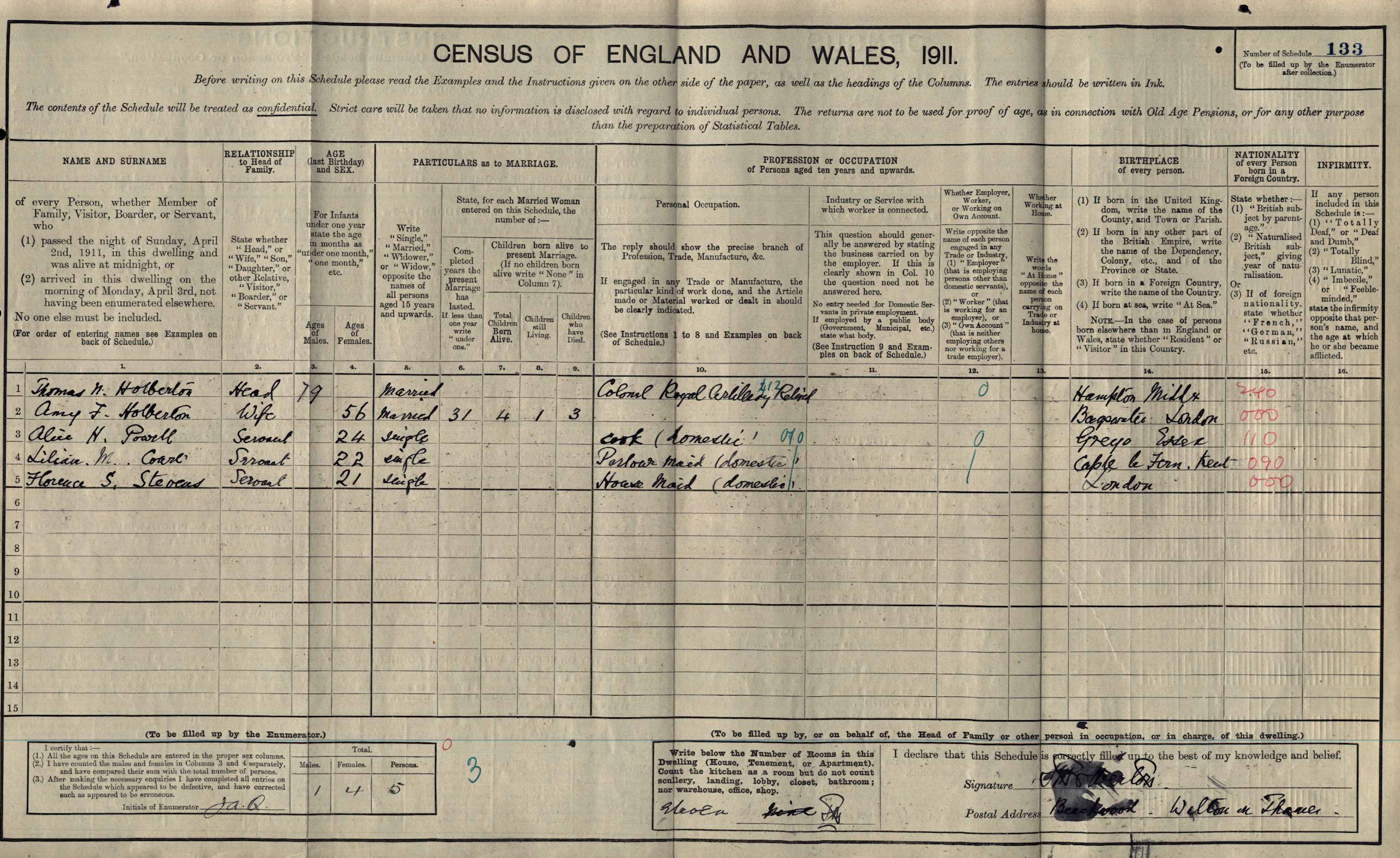 Thomas Nelson Holberton on 1911 census