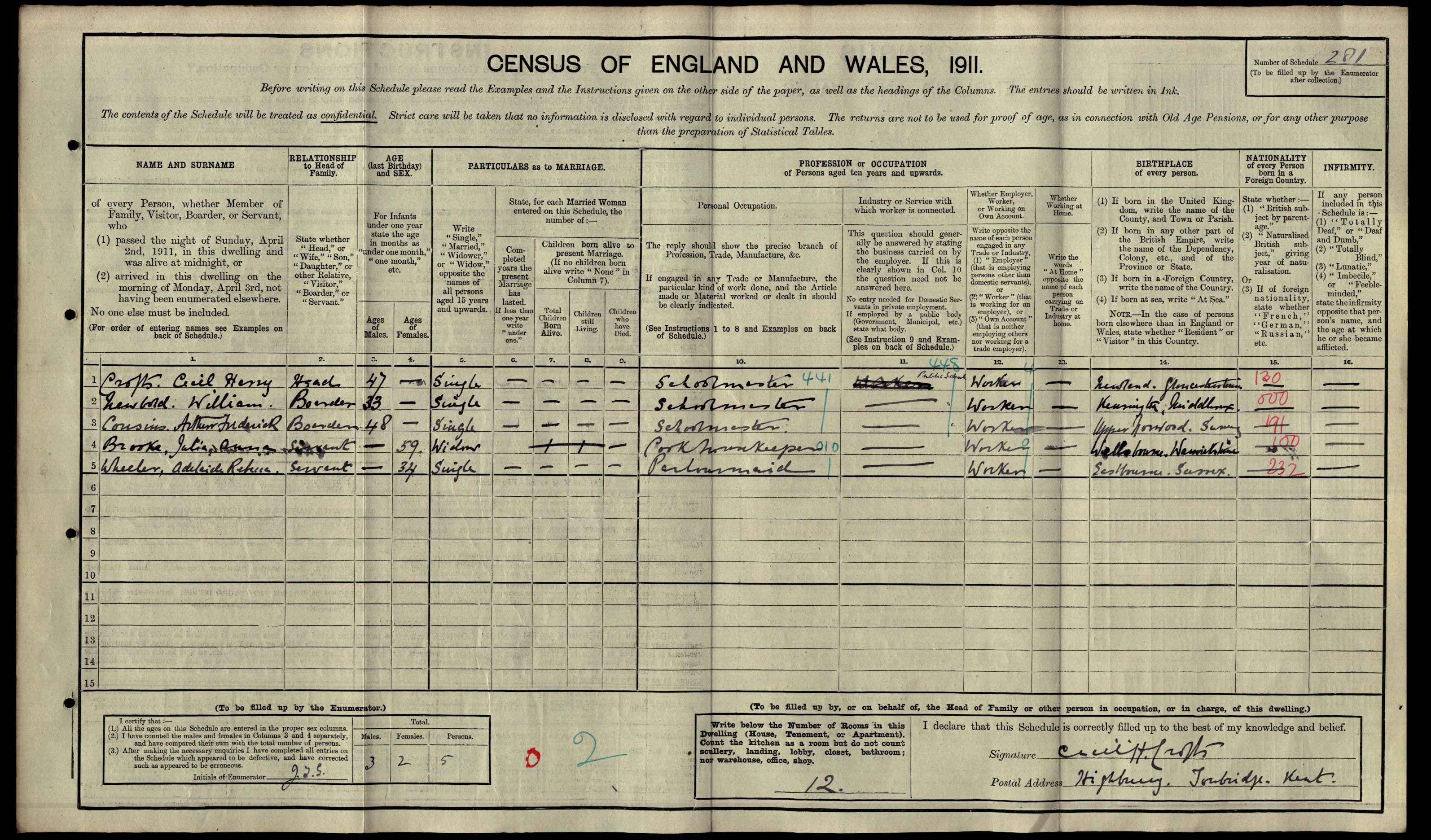 Harry Cecil Crofts on the 1911 census
