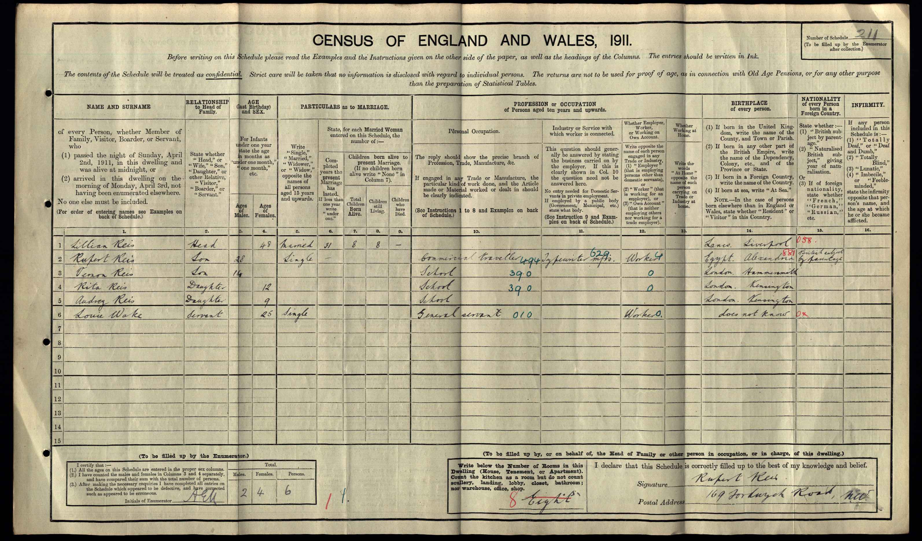 Lillian Reis on 1911 Census