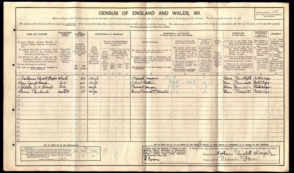 Katherine Elizabeth Harper on the 1911 census