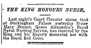 Mary Bennet Honoured by King May 6 1915