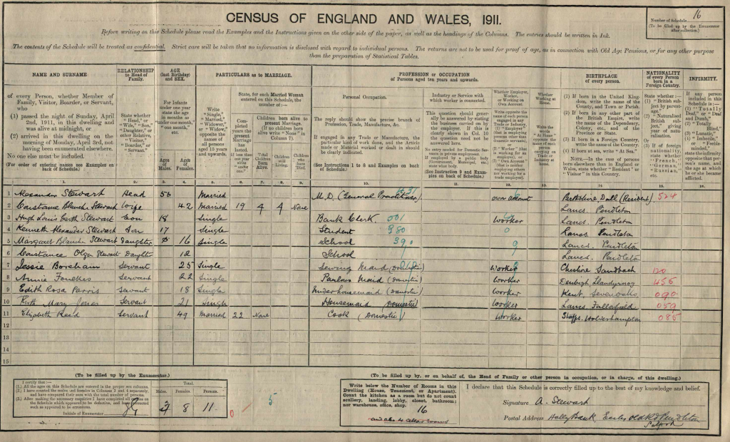 Alexander Stewart on 1911 census