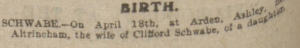 Clifford Schwabe Dau birth Wednesday, April 21 1915