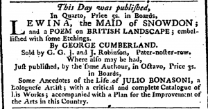 George Cumberland Publication Ad February 23 1793