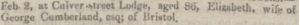 George Cumberland death of wife February 09 1837