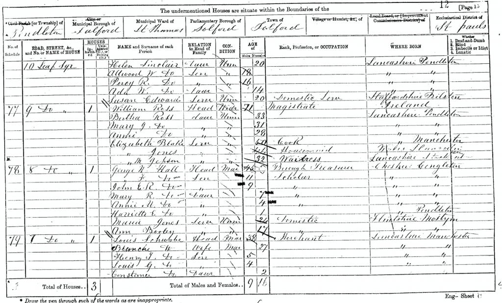 Louis Schwabe II and family on 1871 census page 1