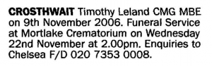 Timothy Crosthwait Death Notice  November 18 2006
