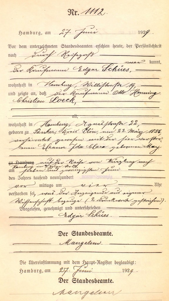 Otto Henning Christian Loeck Death Cert Edited
