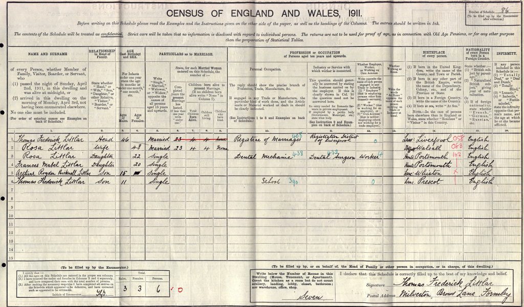 Thomas Frederick Littlar and Family on 1911 Census